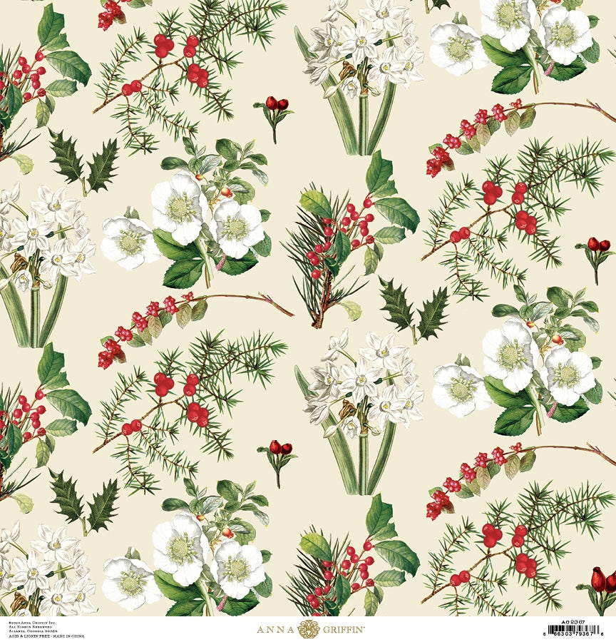 a floral wallpaper with white flowers and green leaves.