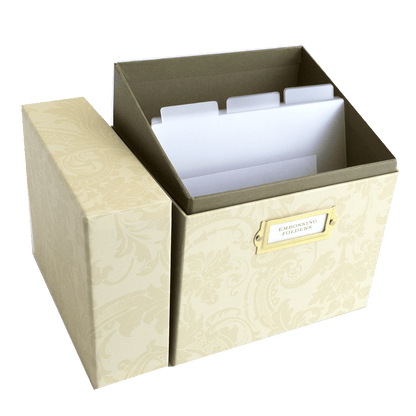a cardboard box with a file folder in it.