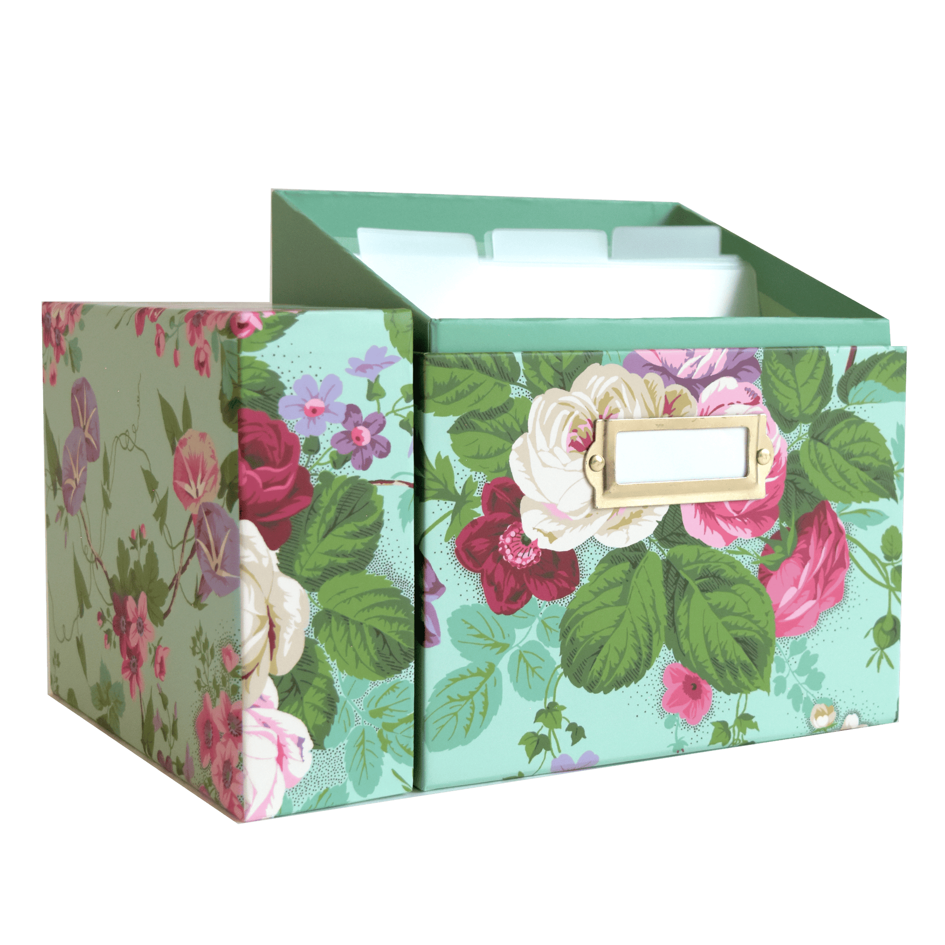 a flowered box with a name tag on it.