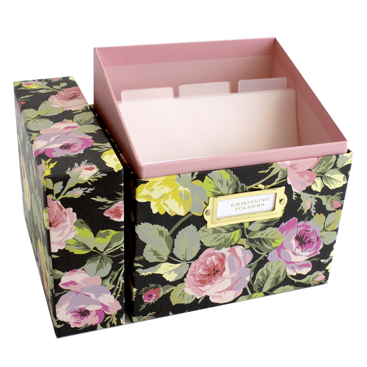 a box with a flower pattern and a pink lid.
