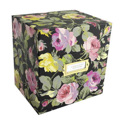 a floral box with a label on it.