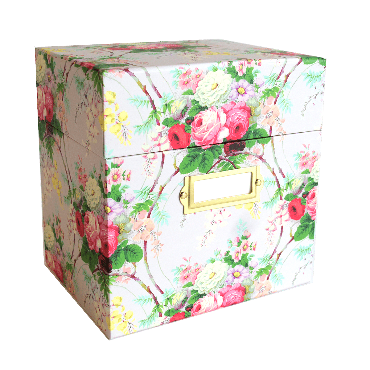 a white floral box with a gold handle.