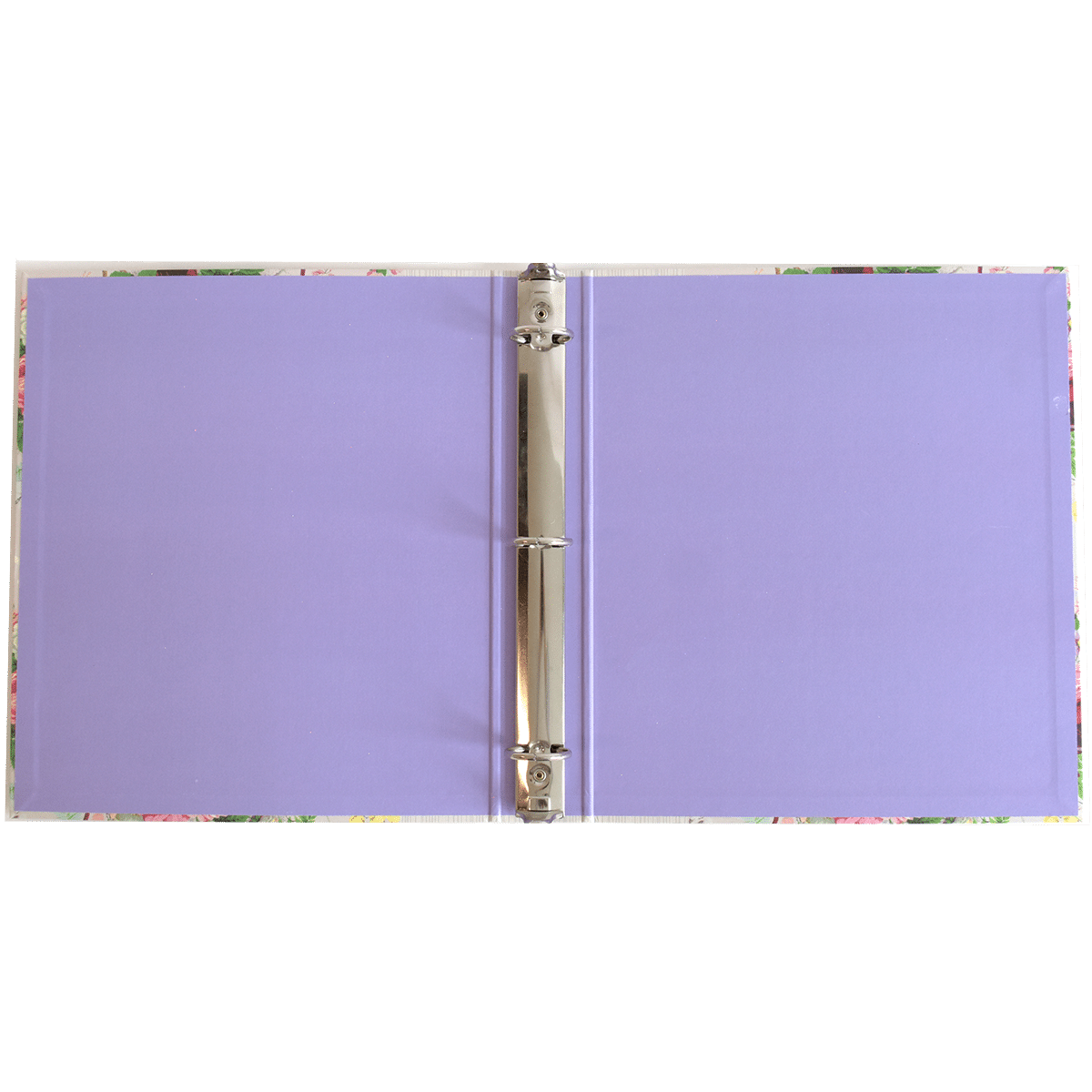 a purple binder with a pen on top of it.
