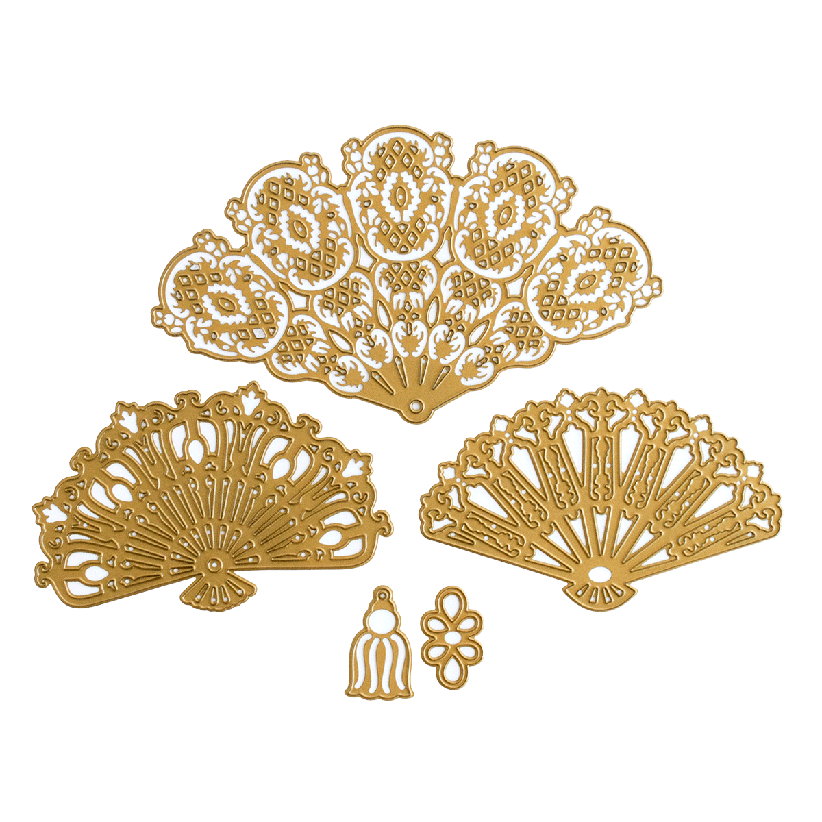 three golden fan shaped objects on a green background.