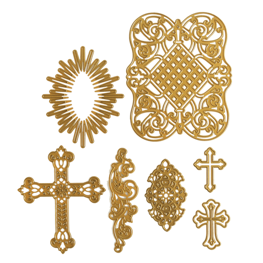 a green background with a bunch of gold crosses.