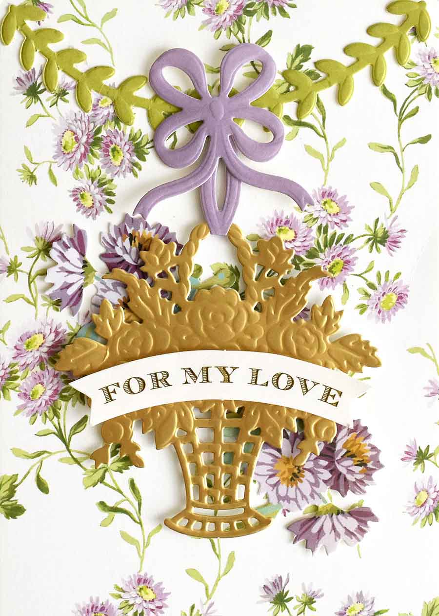 a greeting card with flowers and a ribbon that says for my love.