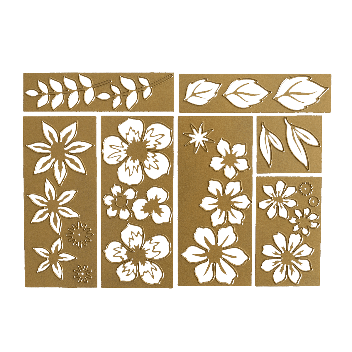 a set of four flower stencils on a green background.