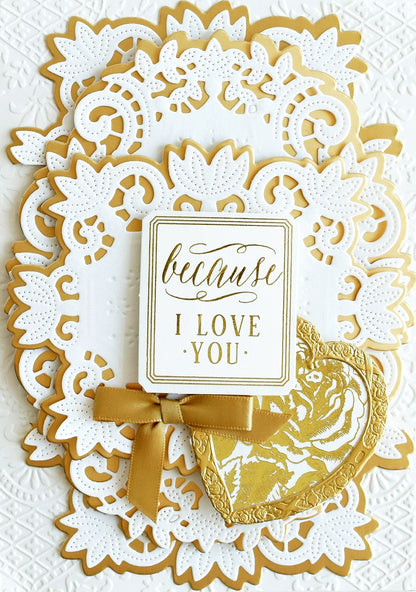 a close up of a card on a doily.
