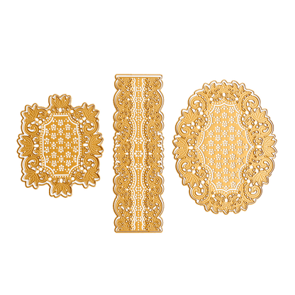 a set of three decorative items on a green background.