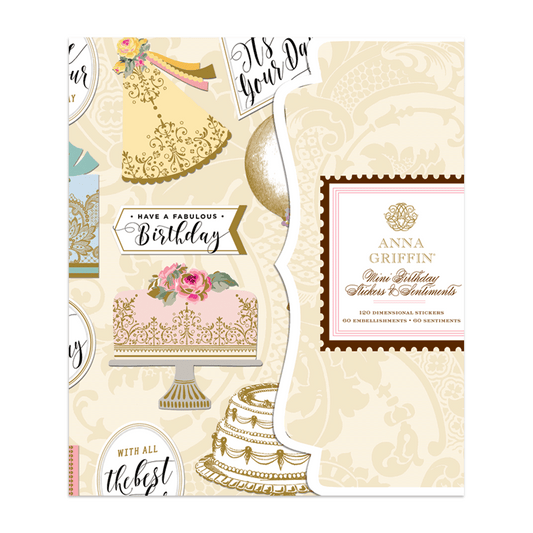 a birthday card with a cake and other items.