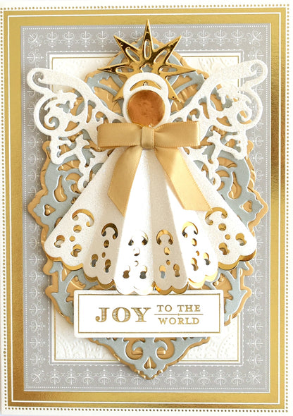 a white and gold christmas card with a gold bow.