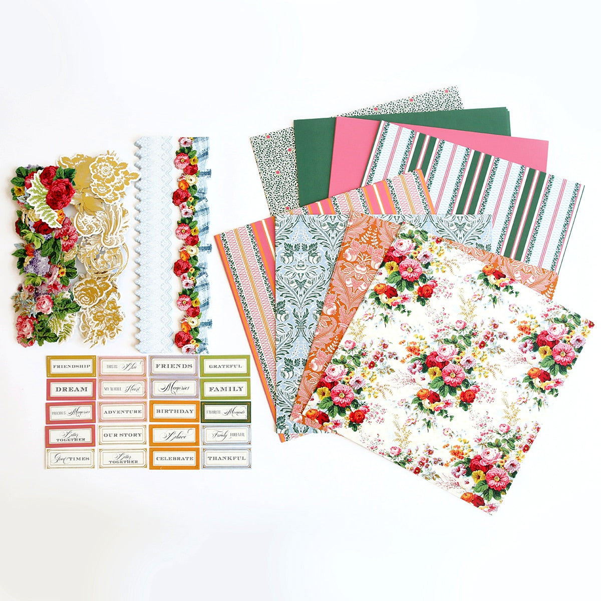 a variety of papers and stickers on a white surface.