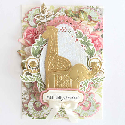 a close up of a card with a giraffe.