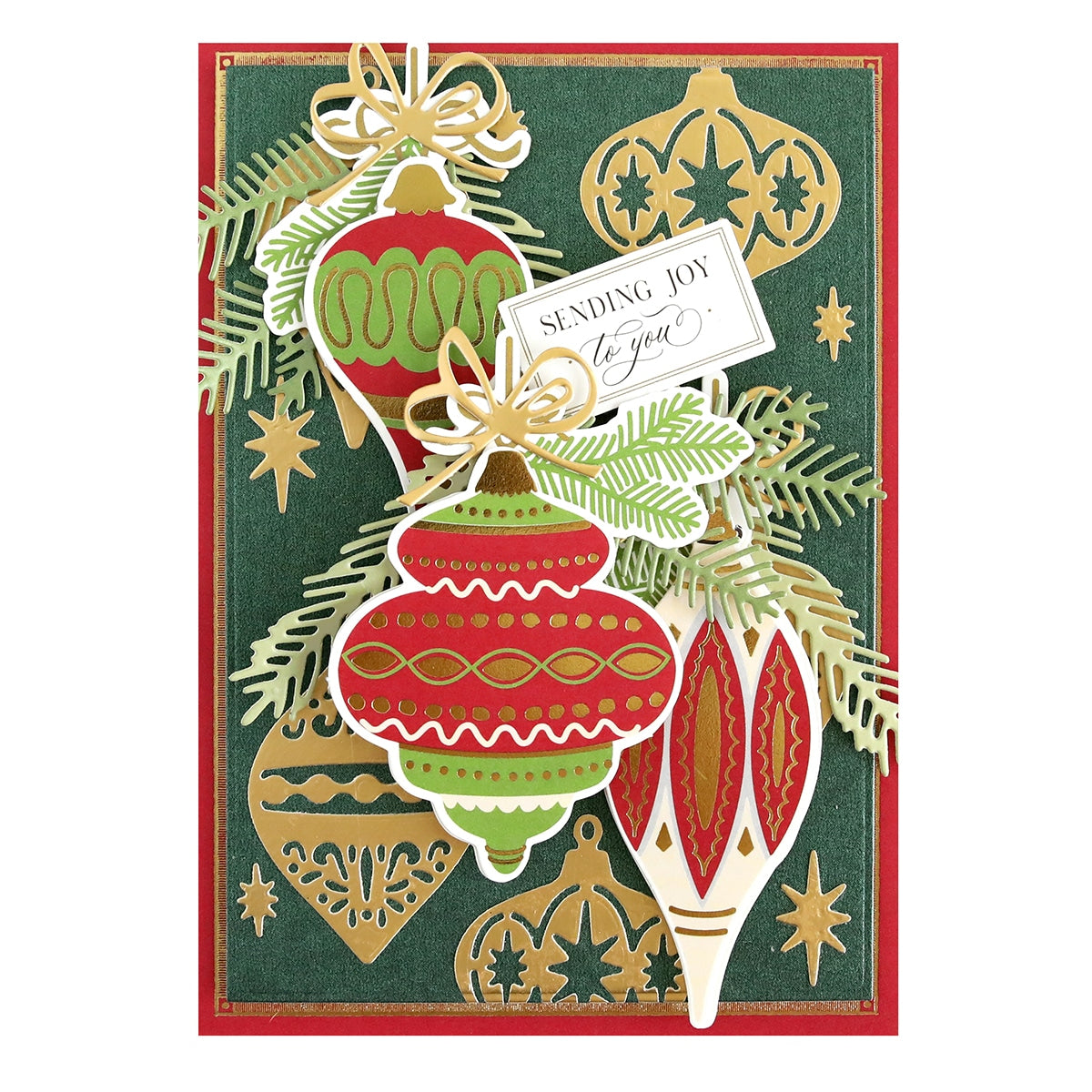 a christmas card with ornaments on it.