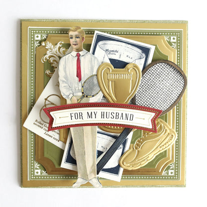 a card with a picture of a man holding a tennis racket.