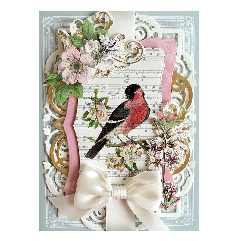 a card with a bird and flowers on it.