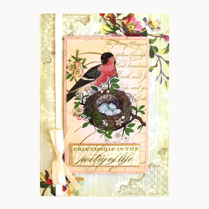 a card with a bird sitting on top of a nest.