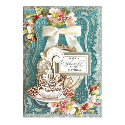 a Birthday Wishes Card Making Kit with a tea cup and flowers.
