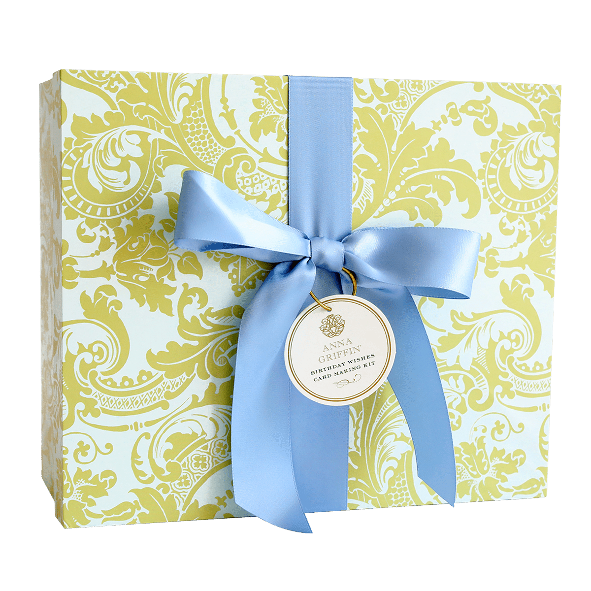 a blue and green Birthday Wishes Card Making Kit box with a blue ribbon.