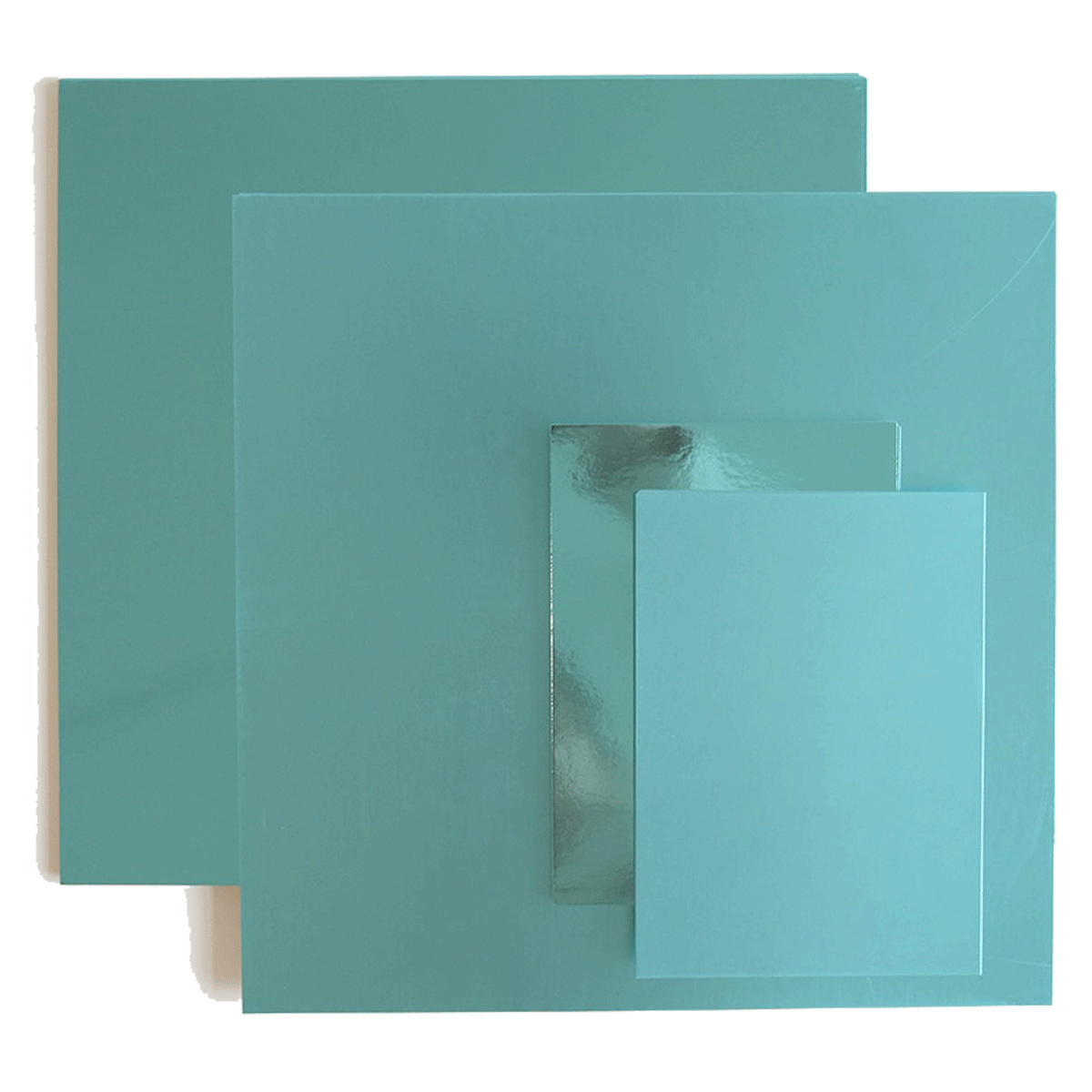 a set of three blue glass plates sitting on top of each other.