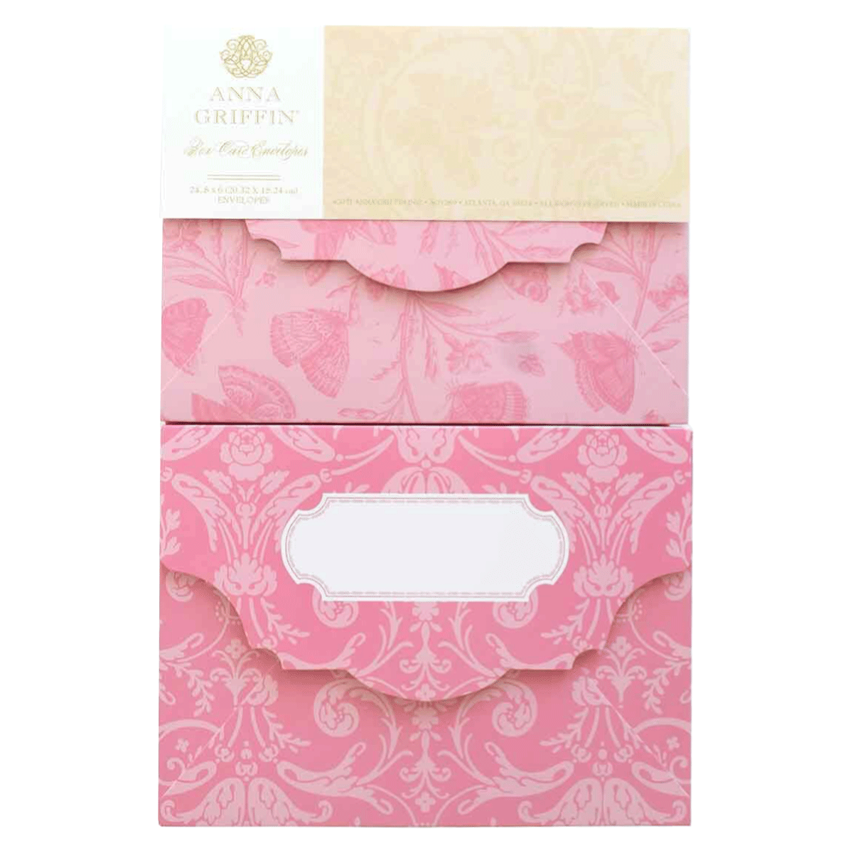 a pink envelope with a white label on it.
