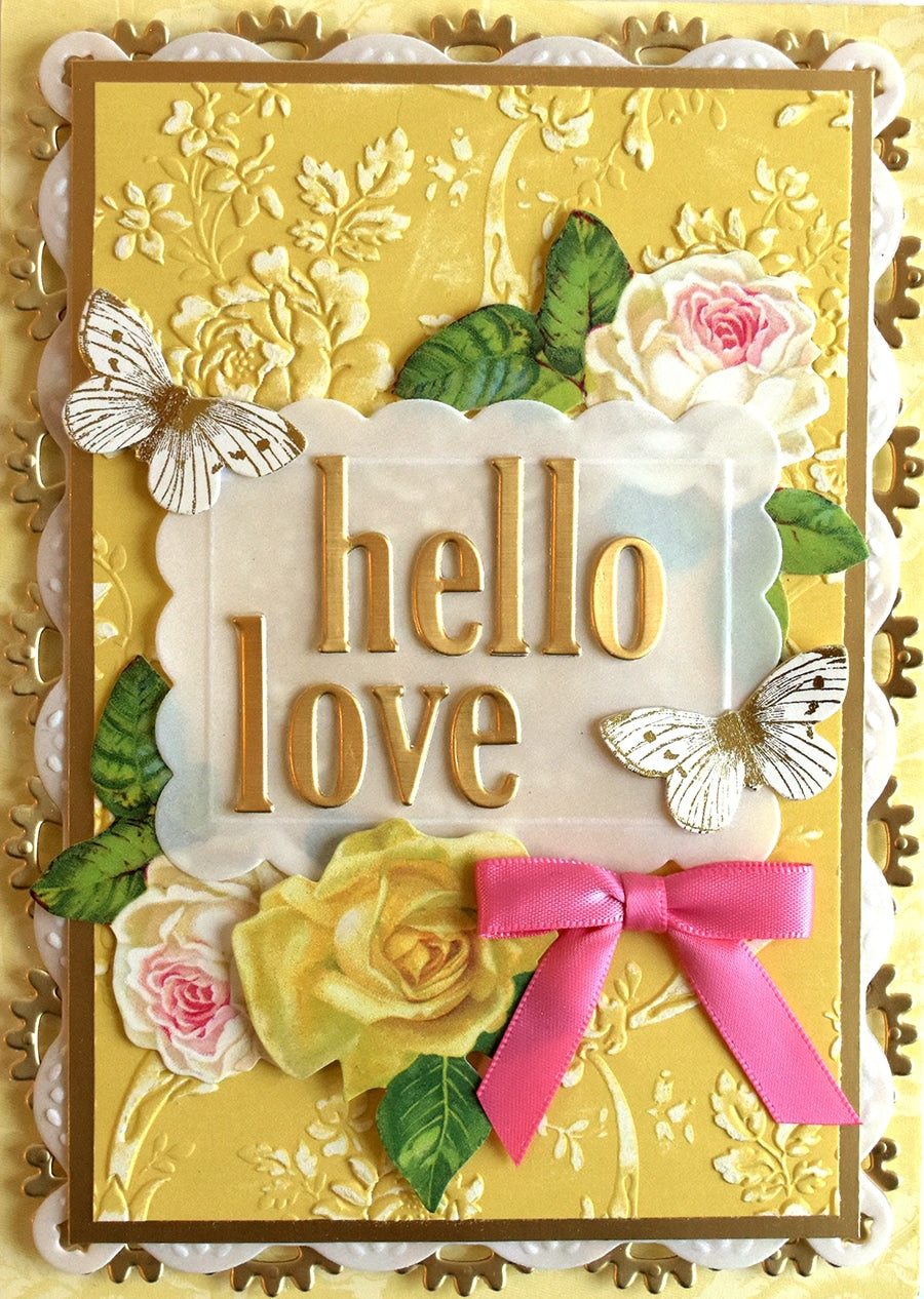 a hello love card with flowers and butterflies.