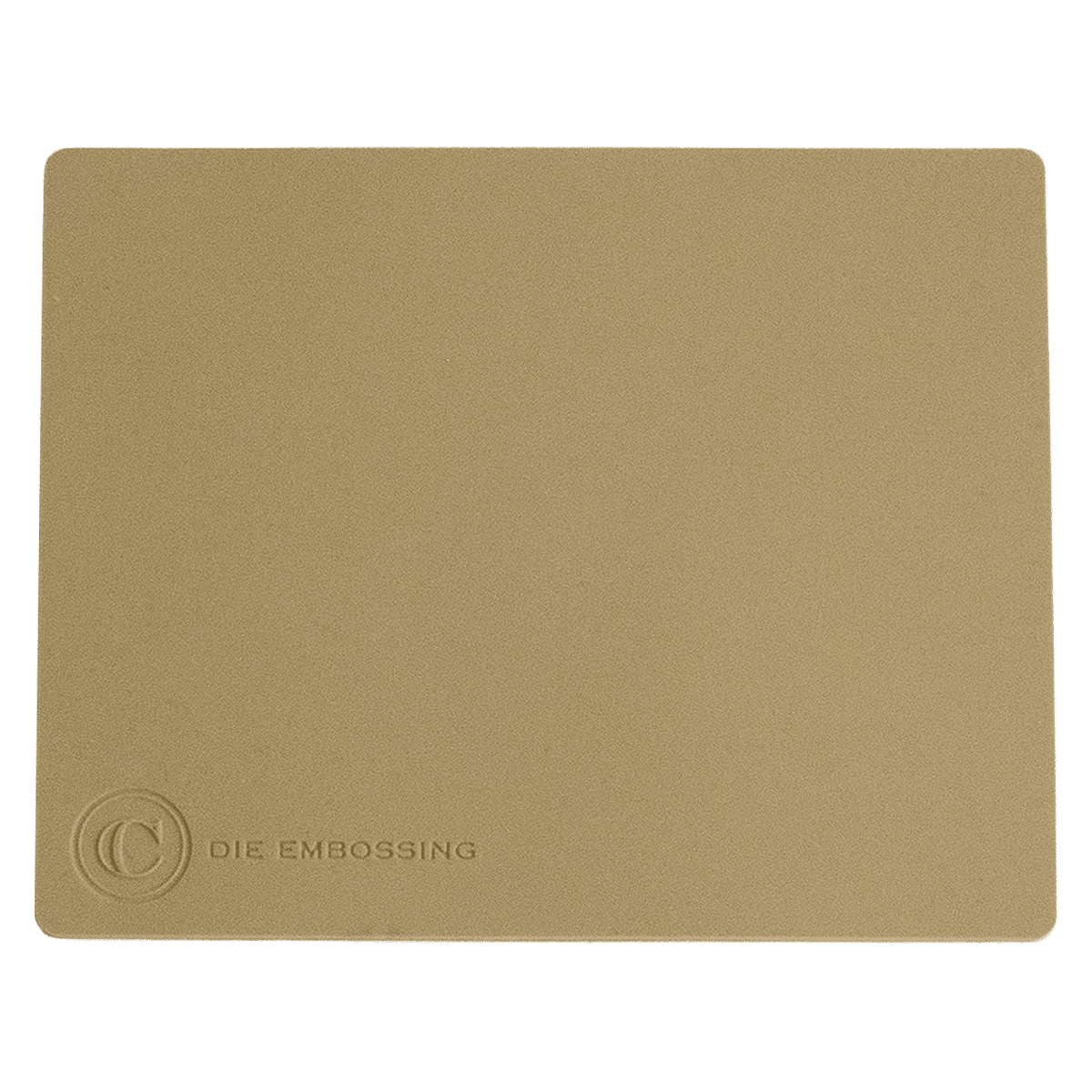 a beige mouse pad with a logo on it.