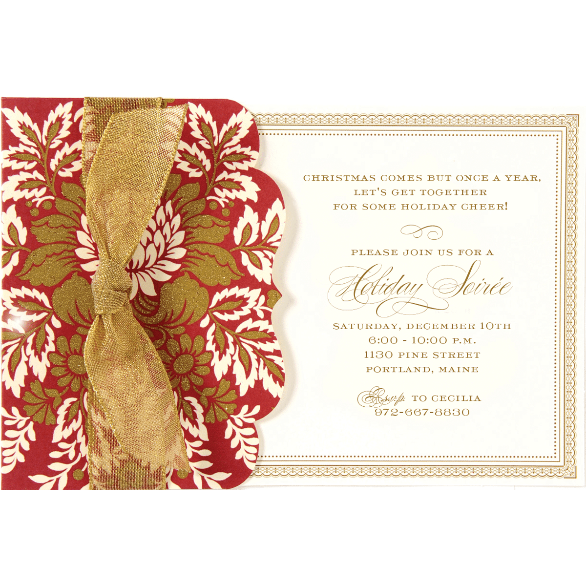 a red and gold christmas card with a bow.