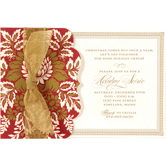 a red and gold christmas card with a bow.