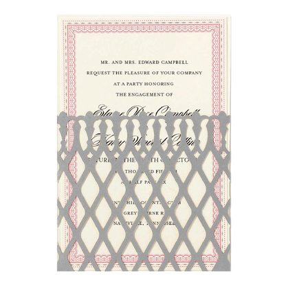 a wedding card with a pink and gray border.