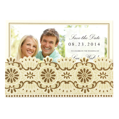 a wedding save the date card with a picture of a couple.