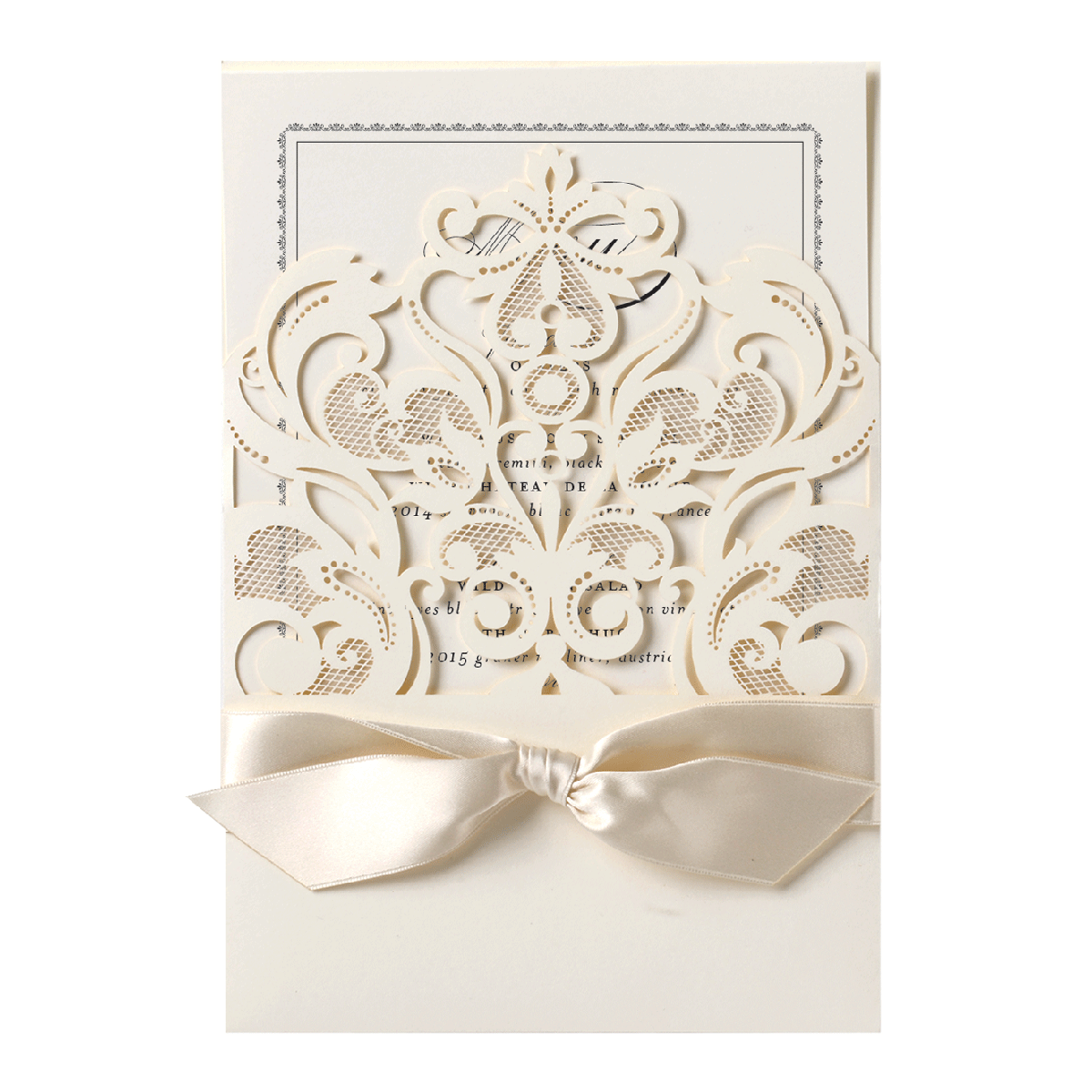 a white wedding card with a bow.