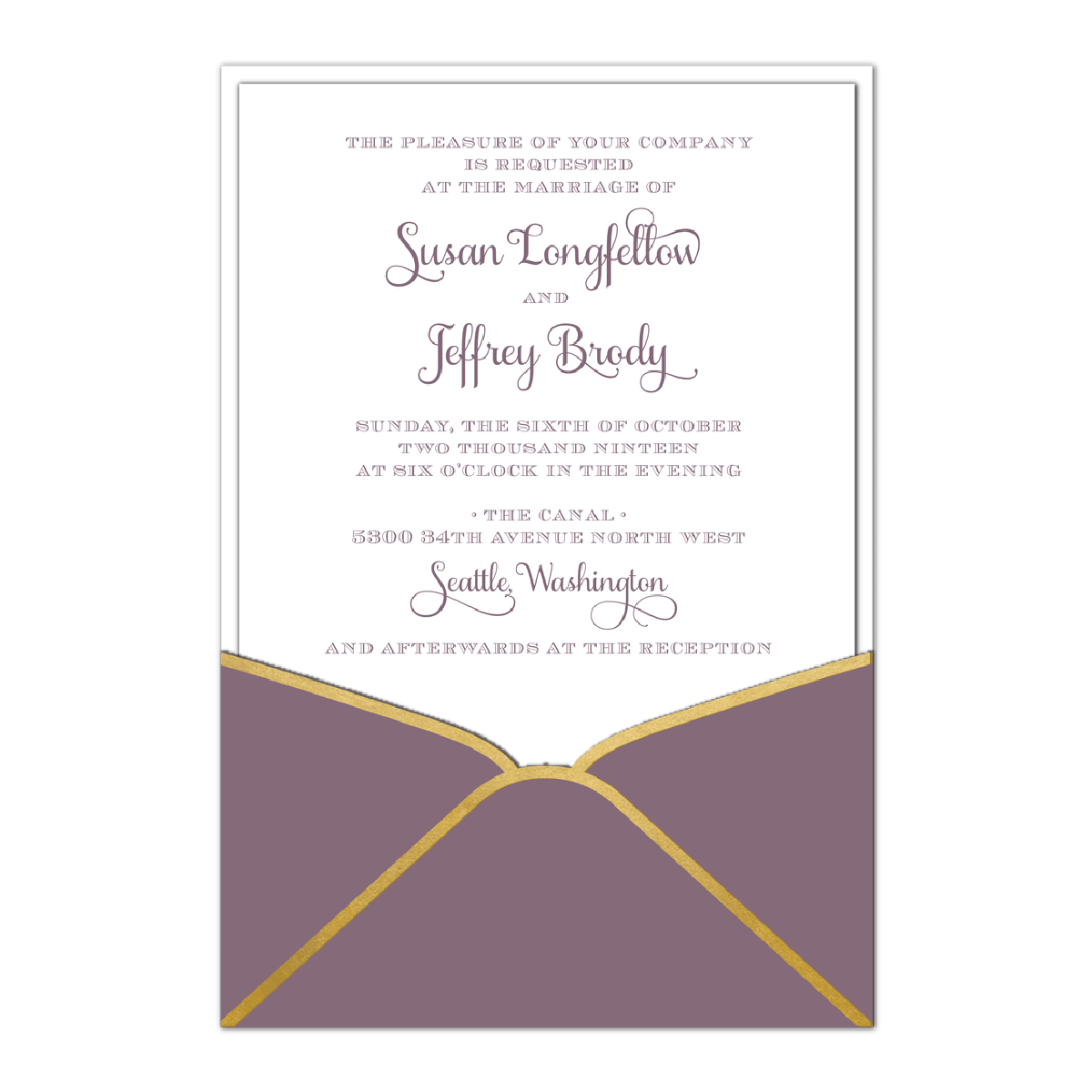 a purple and gold wedding card with a bow.