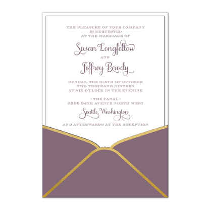 a purple and gold wedding card with a bow.