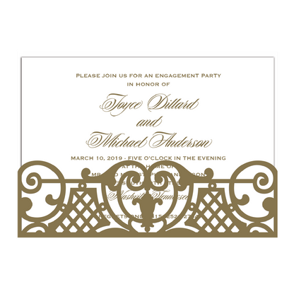 a white and brown wedding card with an ornate design.