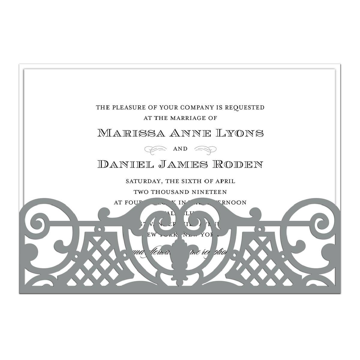 a wedding card with an ornate design on it.