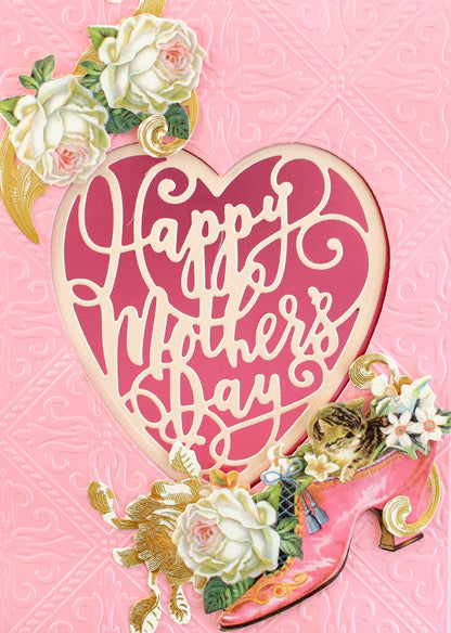 a mother's day card with a shoe and flowers.