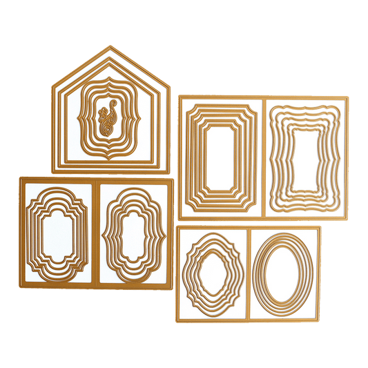 a set of four golden frames on a green background.