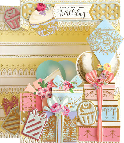 a birthday card with a cake and cupcake.