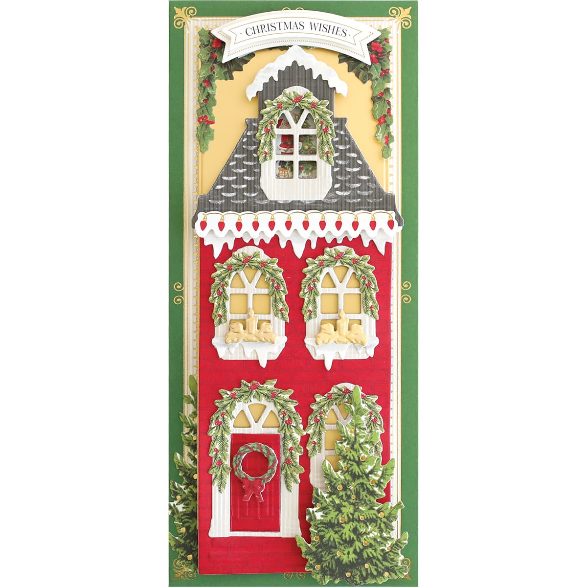 a christmas card with a red and white house.