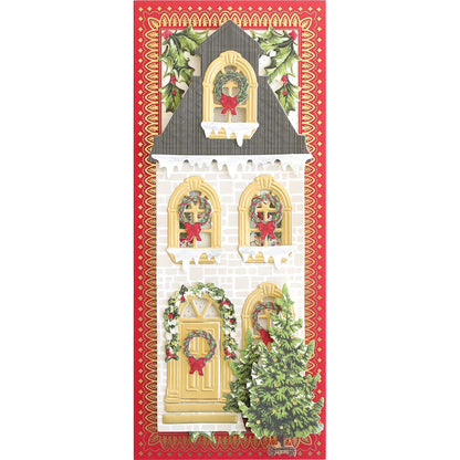 a christmas card with a house and wreaths.