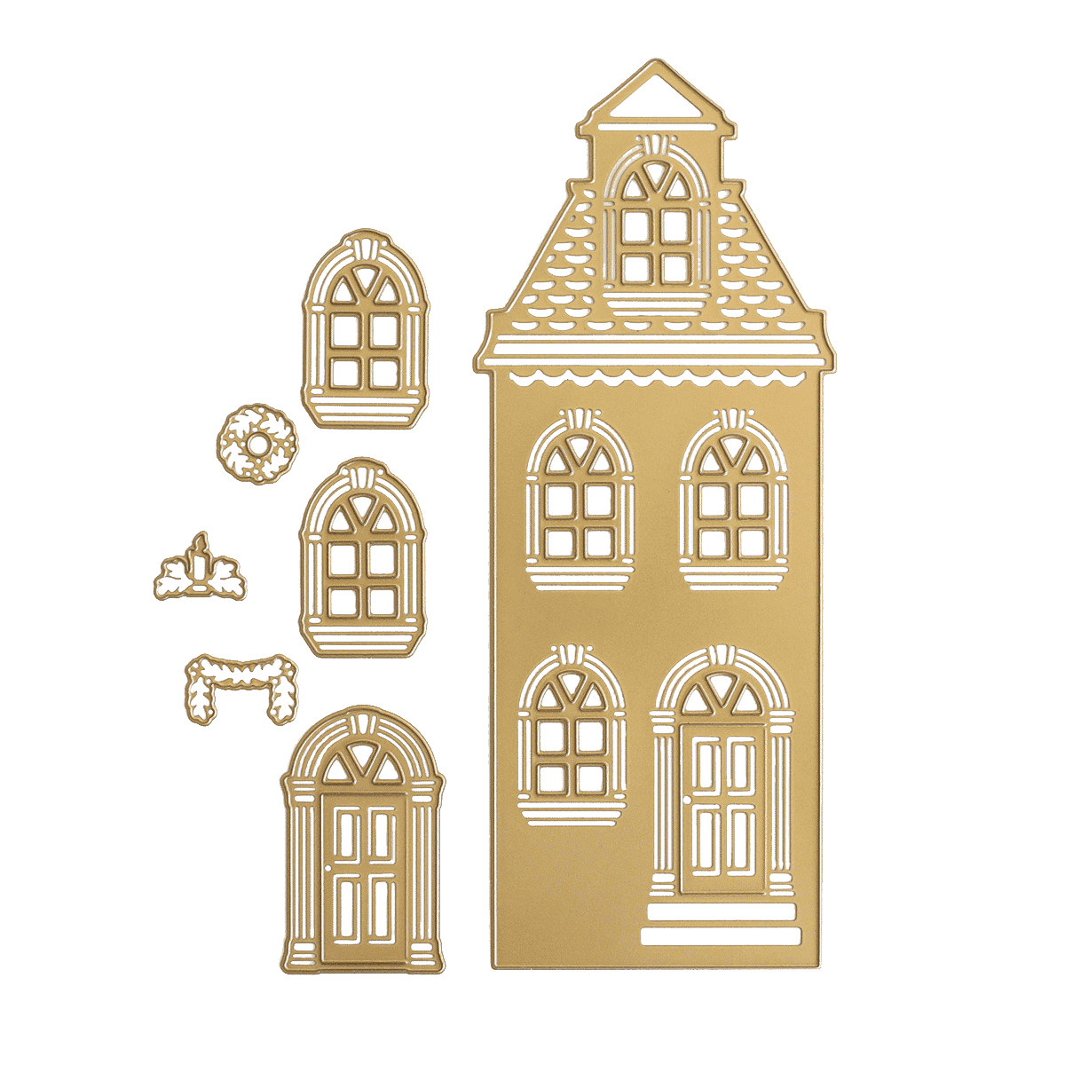 a gold paper cutout of a house with arched windows.
