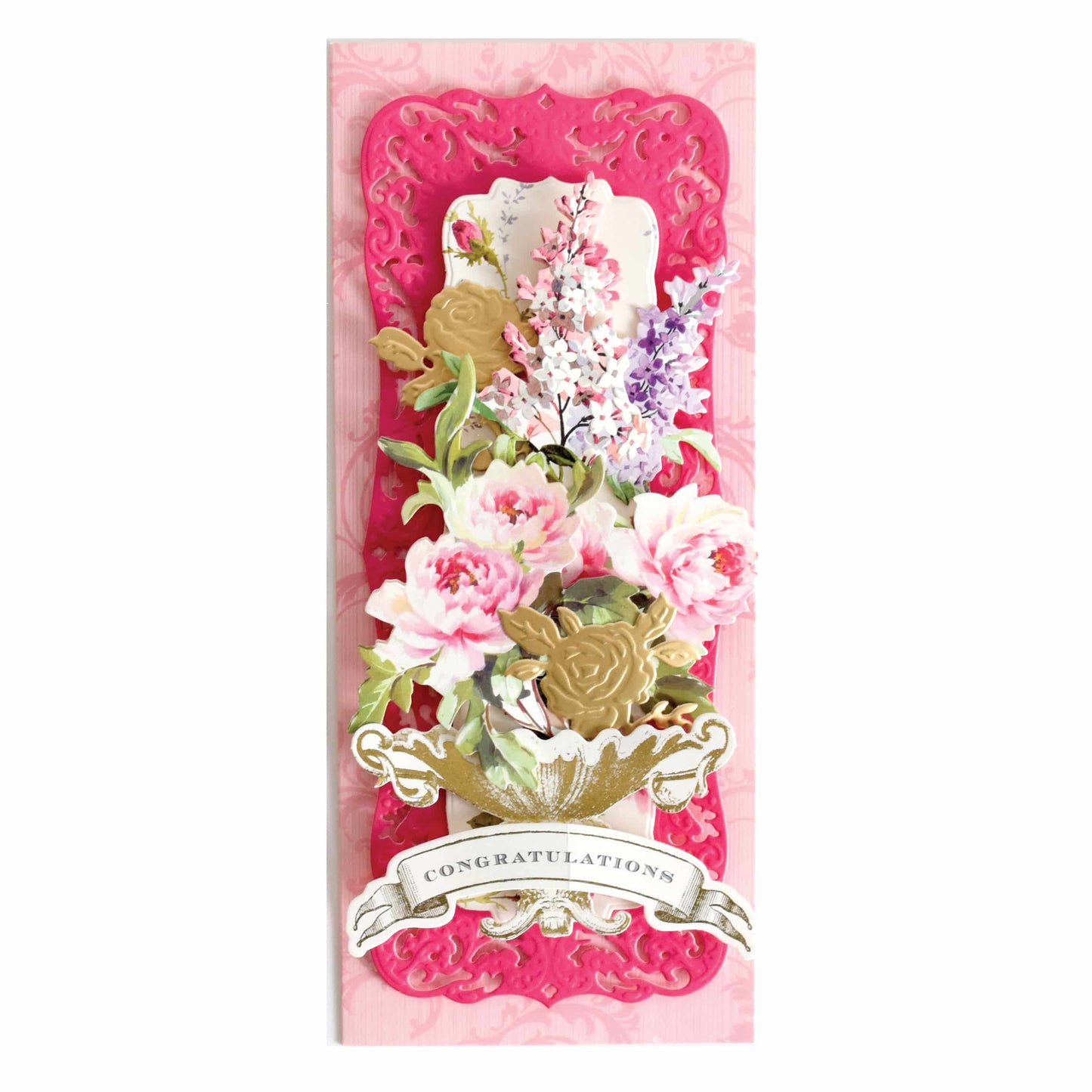 a pink card with flowers on it.