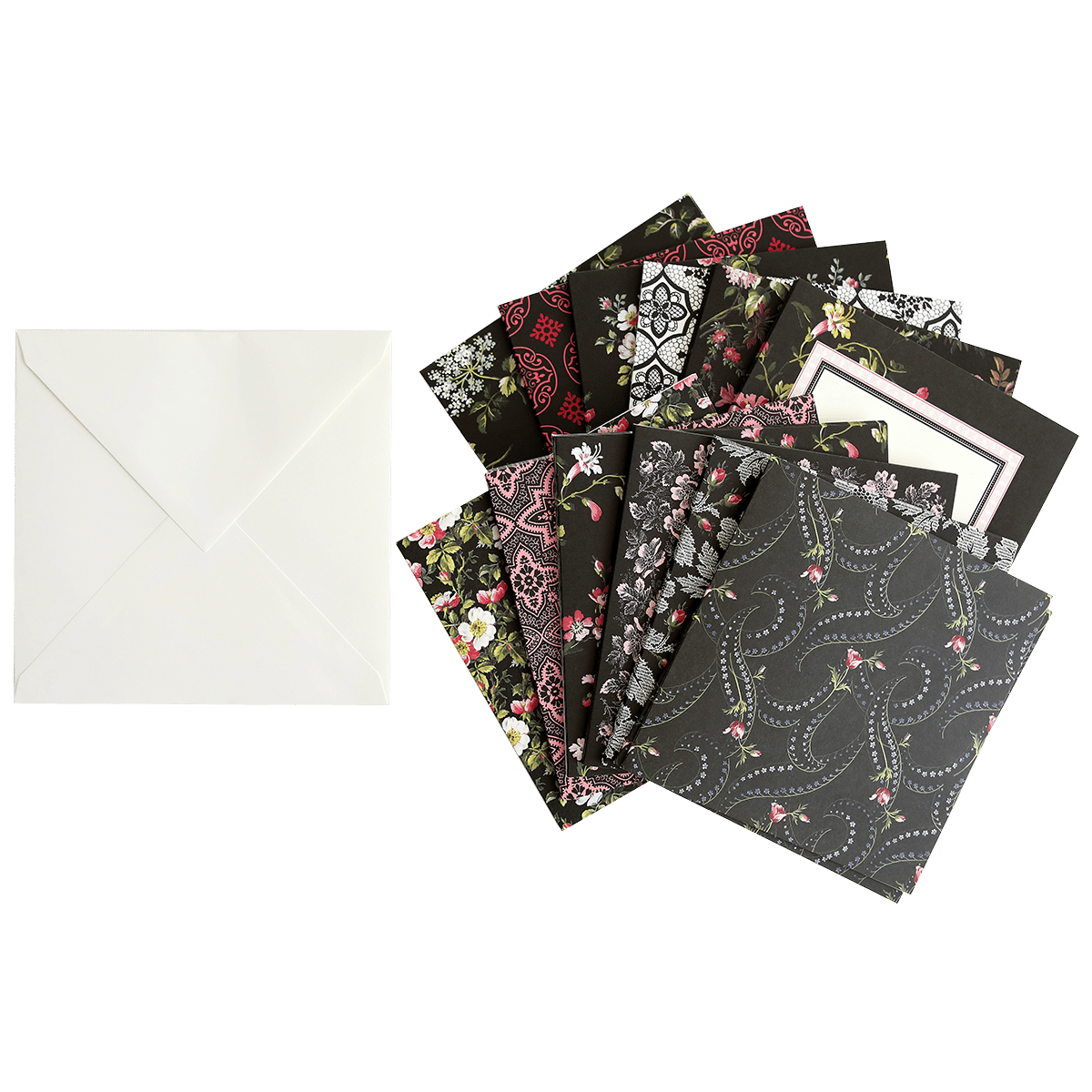 a white envelope with a black and red floral pattern and a white envelope with a.