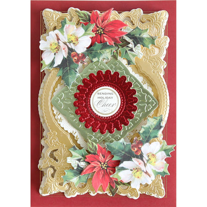 a gold and red Celebration Cartouche Cut & Emboss Folder christmas card with poinsettias.