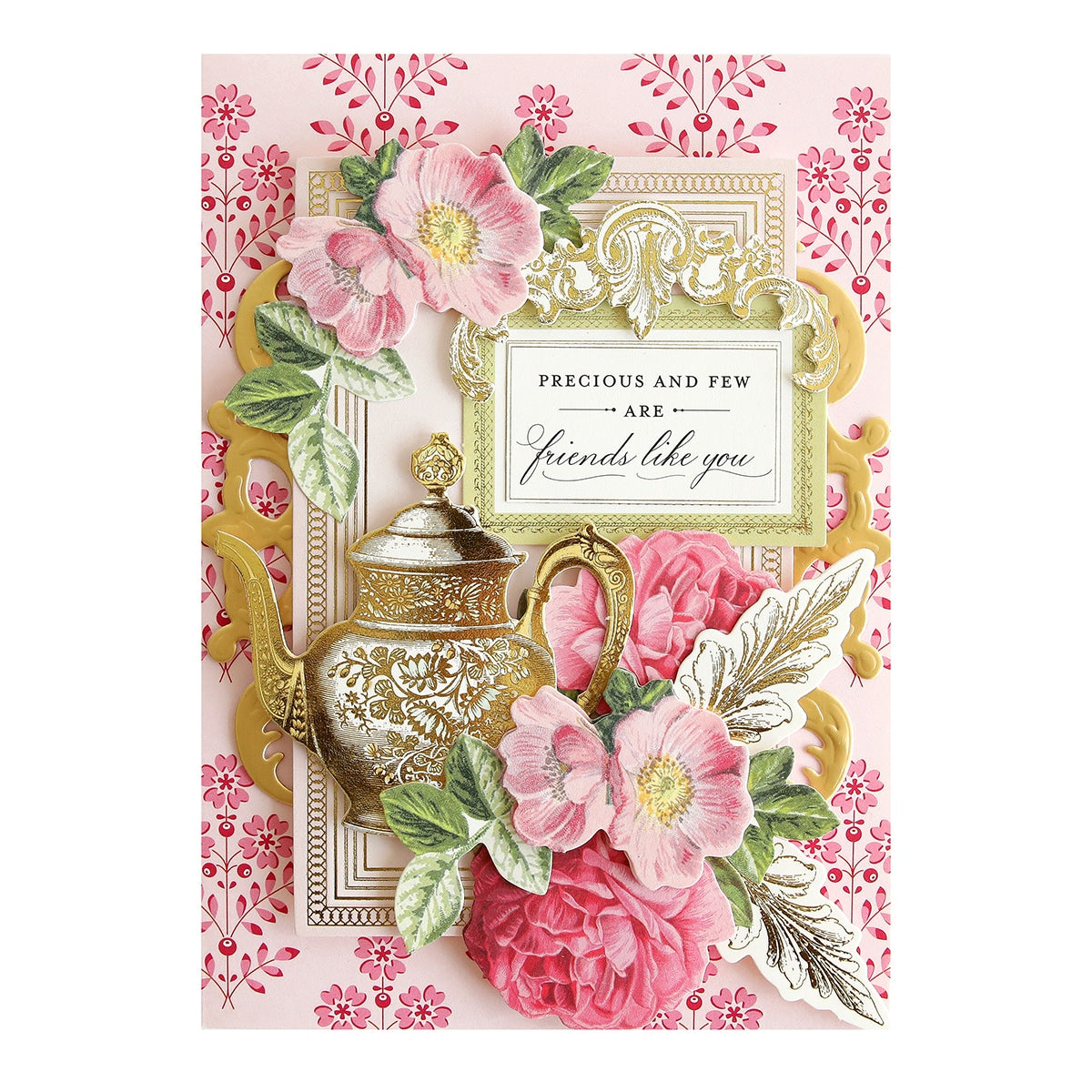 a card with pink flowers and a gold vase.