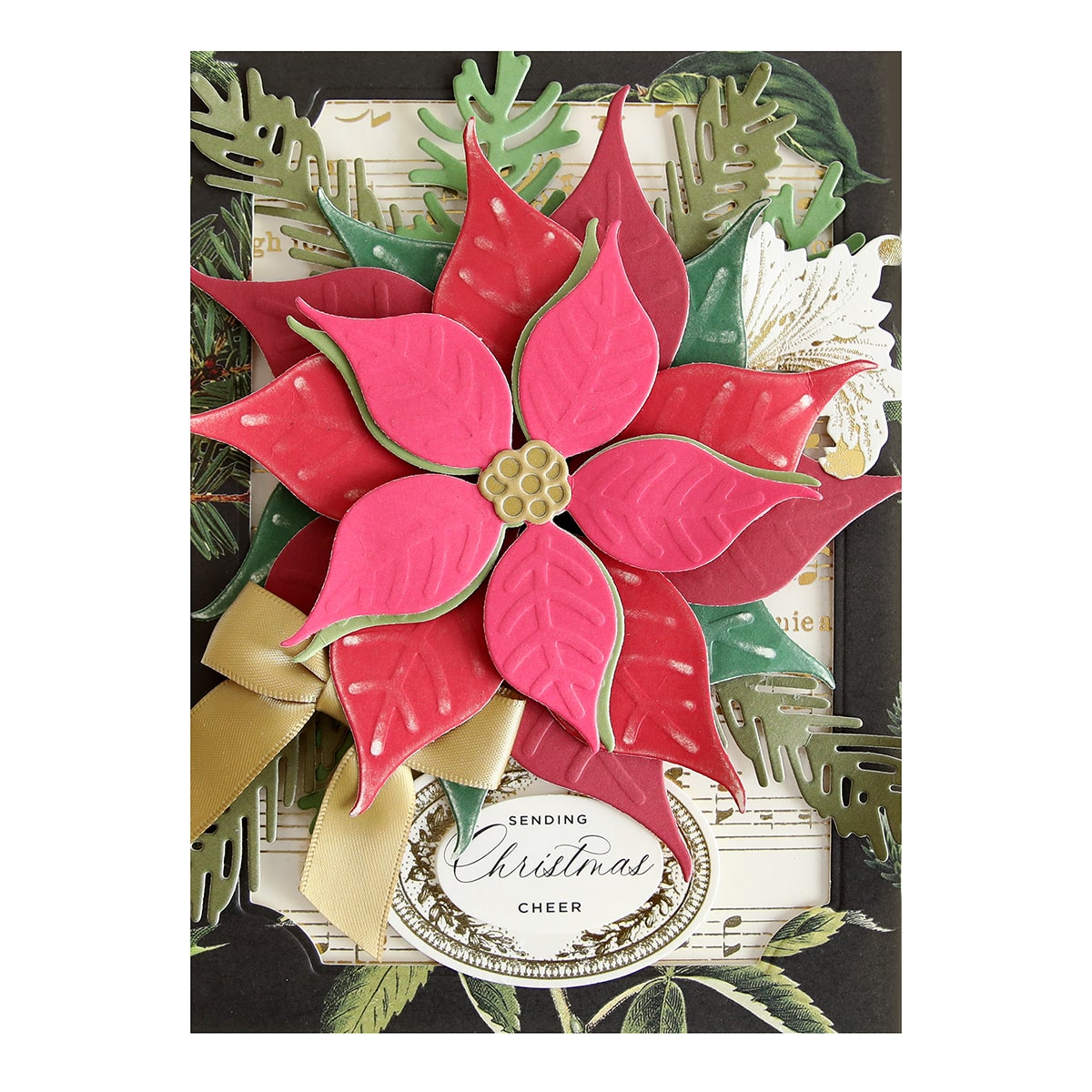 a close up of a card with a poinsettia.