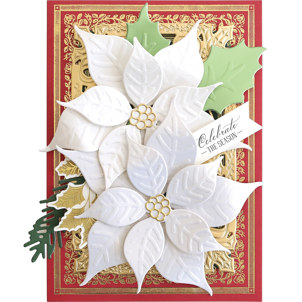 a christmas card with white poinsettis on a red and gold background.