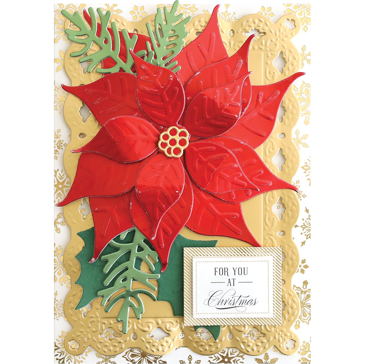 a christmas card with a poinsetti on it.