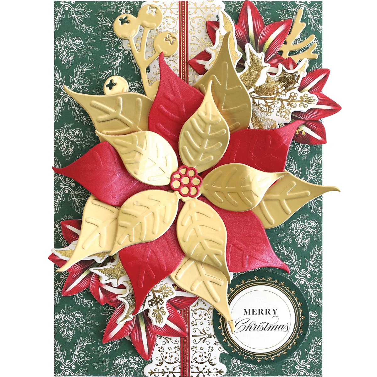 a christmas card with a poinsettia.